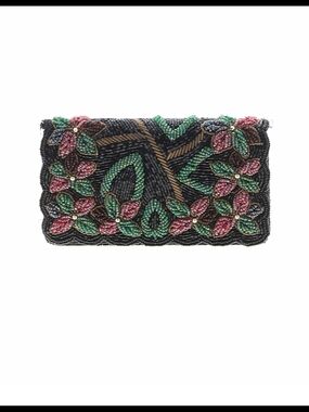 Embellished Floral Beaded Clutch - Black, Green & Pink